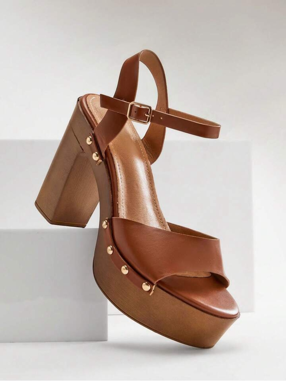 Women's Brown Platform Block Heel Sandal with Ankle Strap